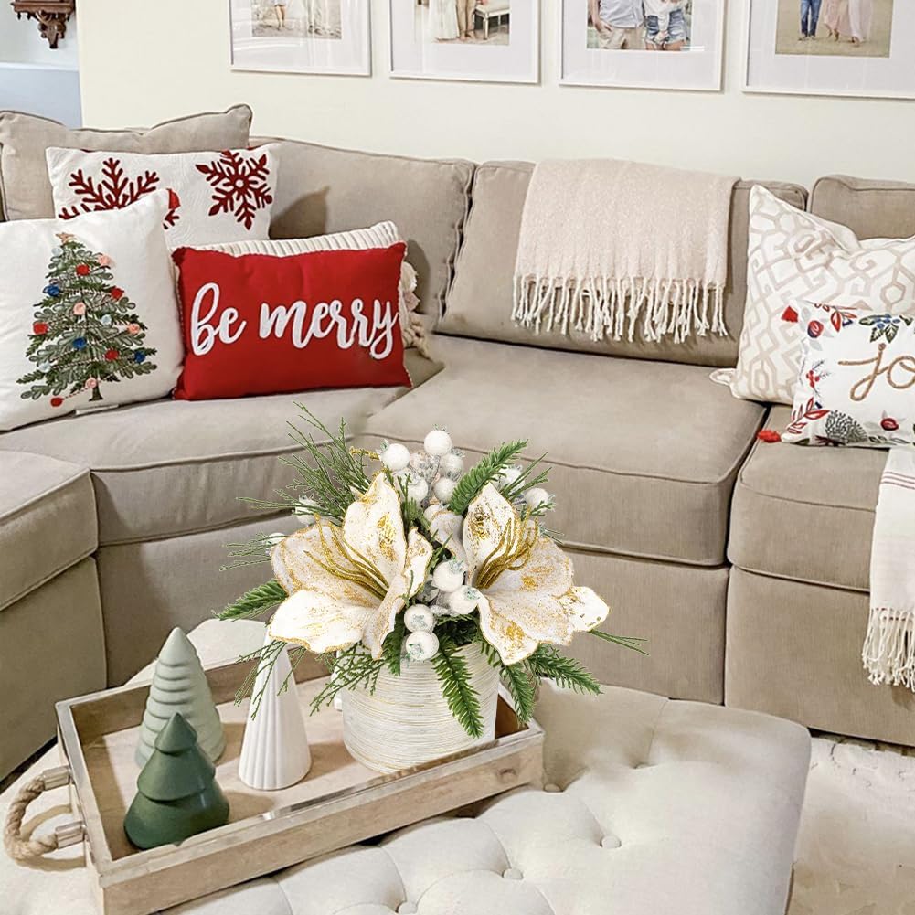 Briful 11.4 Inch Christmas Tree Large Artificial Potted Christmas Arrangment in Pot with White Pine Snowy and Magnolia Xmas Flowers for Centrepieces Table Window Console Countertop DÃ©cor