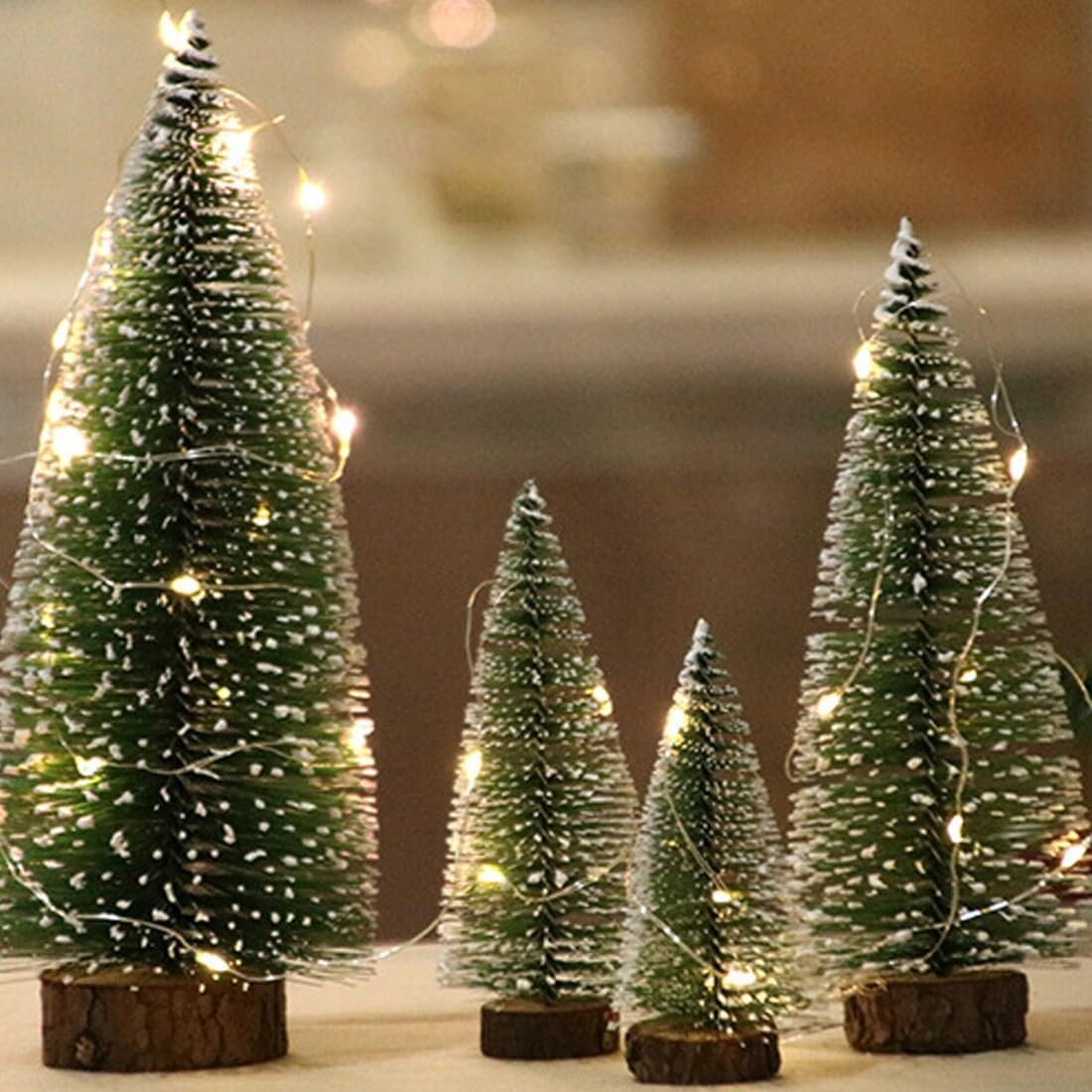 6 Pcs Small Christmas Trees Bottle Brush Christmas Trees Christmas Decorations, Small Christmas Pine Tree with Wooden Base for Christmas Table Decorations (4 Size)
