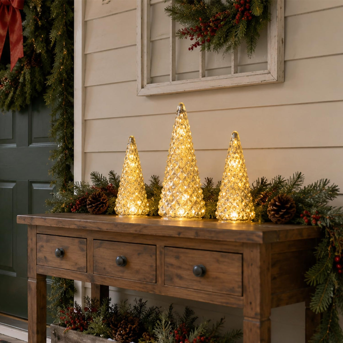 Christmas Decorations Indoor, YEAHOME Set of 3 Pre-lit Gold Glass Christmas Tree for Home Decor, Christmas Table Decorations Lighted Xmas Tree with Timer for Living Room Mantel Tabletop Party