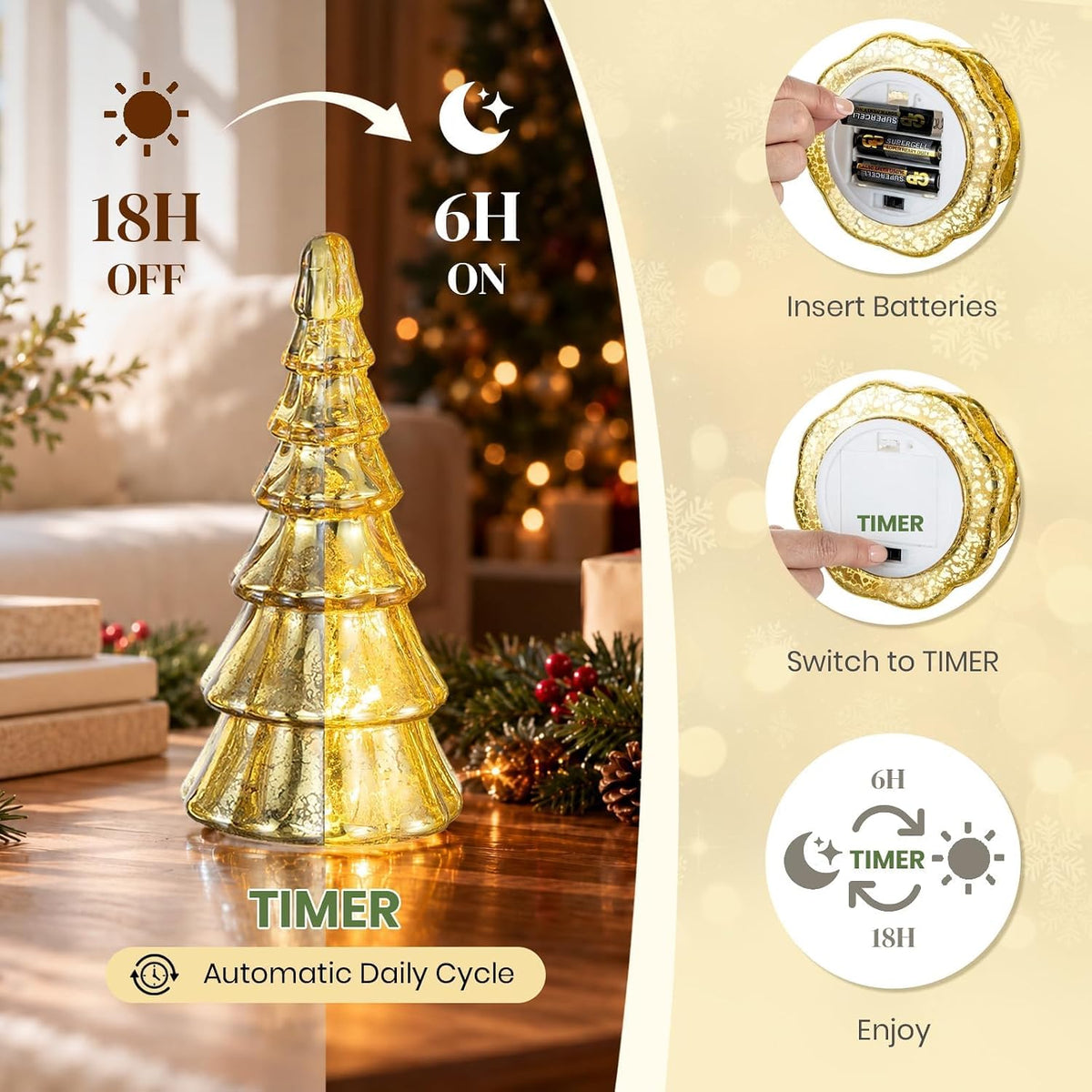Hewory Mercury Glass Christmas Tree: 3 Pcs Gold Table Decor with LED Lights