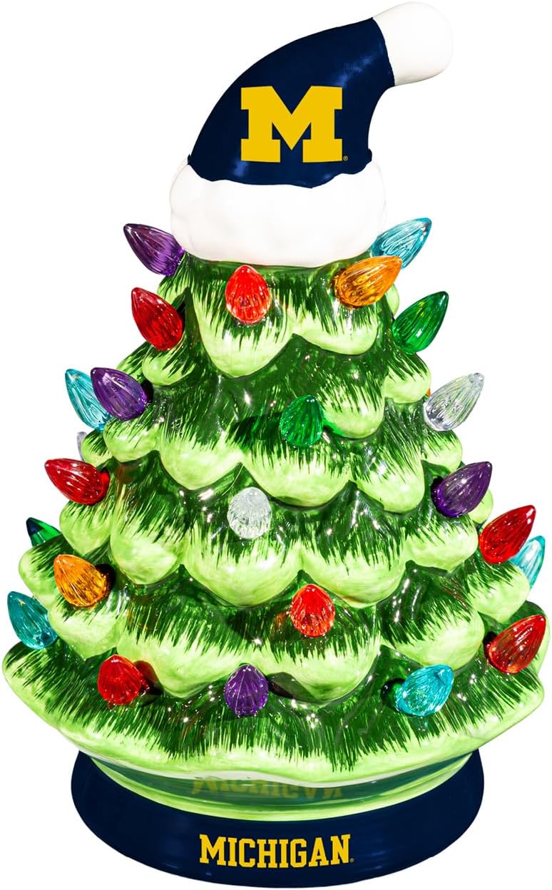 NCAA University of Michigan Ceramic Christmas Trees That Light Up | 8" LED Vintage Christmas Tree | Officially Licensed Team Logo | Christmas Tabletop Decorations for Home