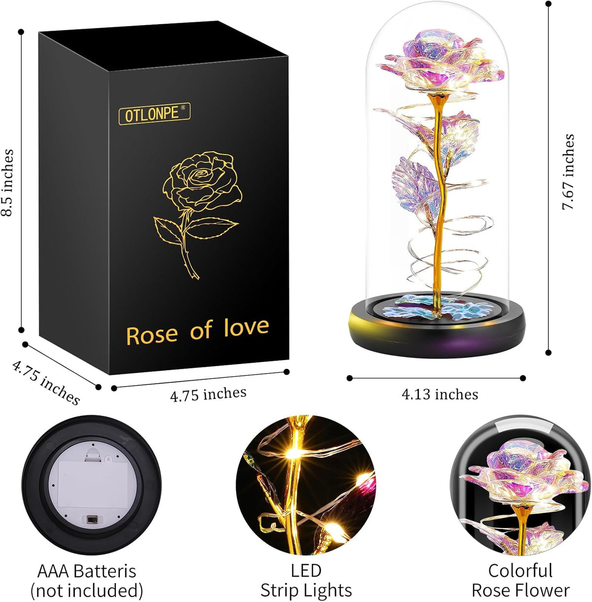 Otlonpe Forever Artificial Glass Rose Flower Lamp, Women Gifts for Birthday Christmas Valentines Mothers Day, Home Decor, Preserved 7.7'' Rose Gifts for Mom Grandma Daughter Wife Girlfriend (Rainbow)
