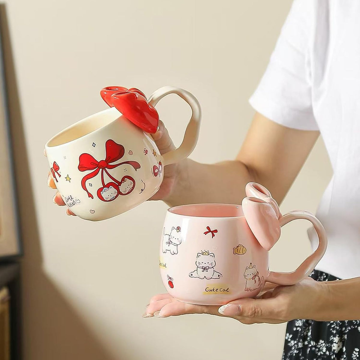 Cute Cherry Cat Ceramic Coffee Mugwith 3D Bow & Bow Spoon