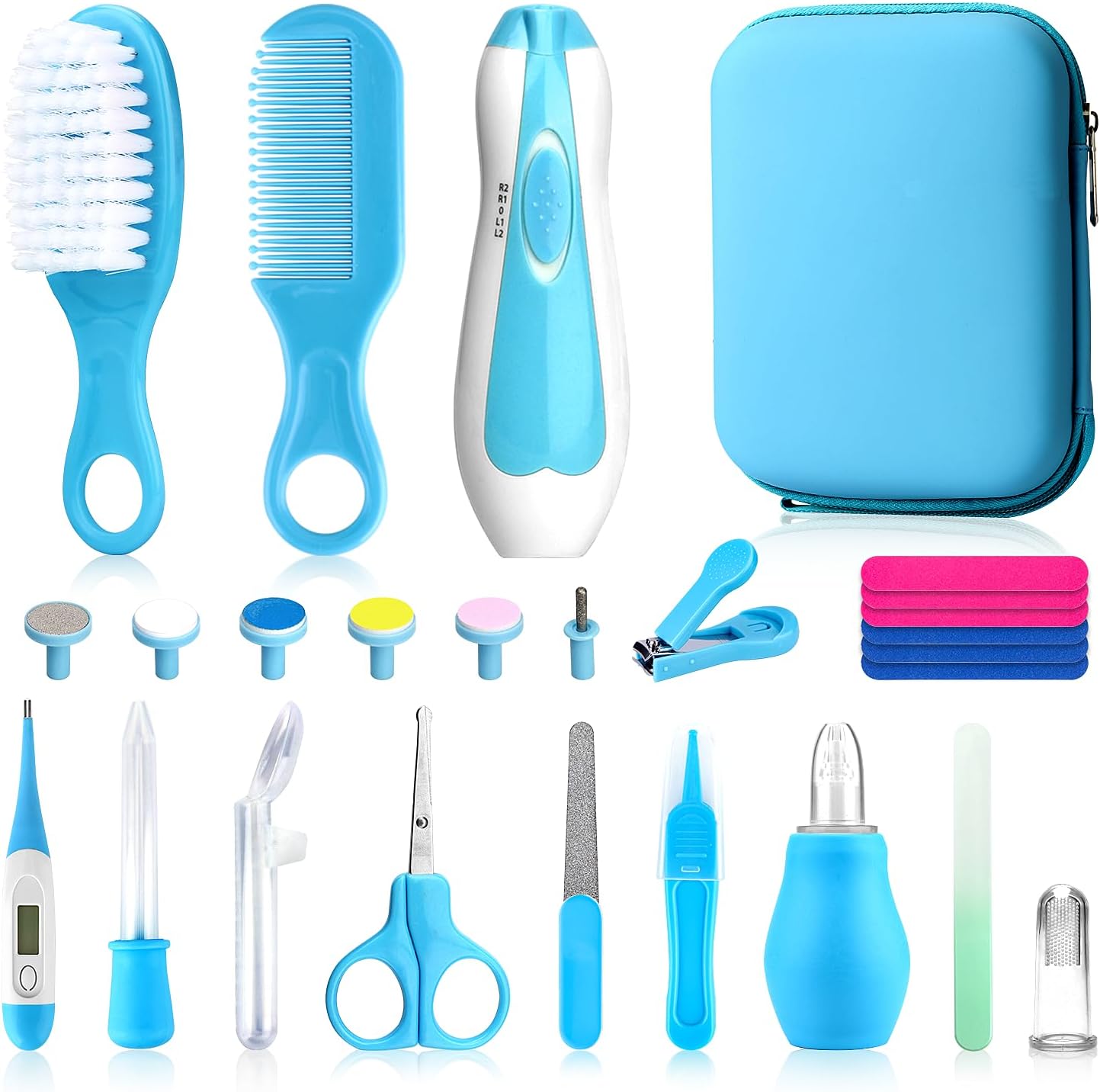26-Piece Baby Healthcare & Grooming Kit Newborn Safety Care Set with Electric Nail Trimmer Brush Comb Scissors & More Nursery Essentials for Infant Boys & Girls (Blue)