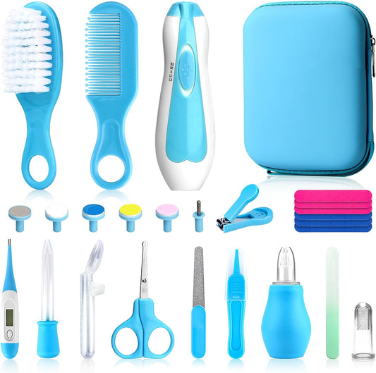 26-Piece Baby Healthcare & Grooming Kit Newborn Safety Care Set with Electric Nail Trimmer Brush Comb Scissors & More Nursery Essentials for Infant Boys & Girls (Blue)