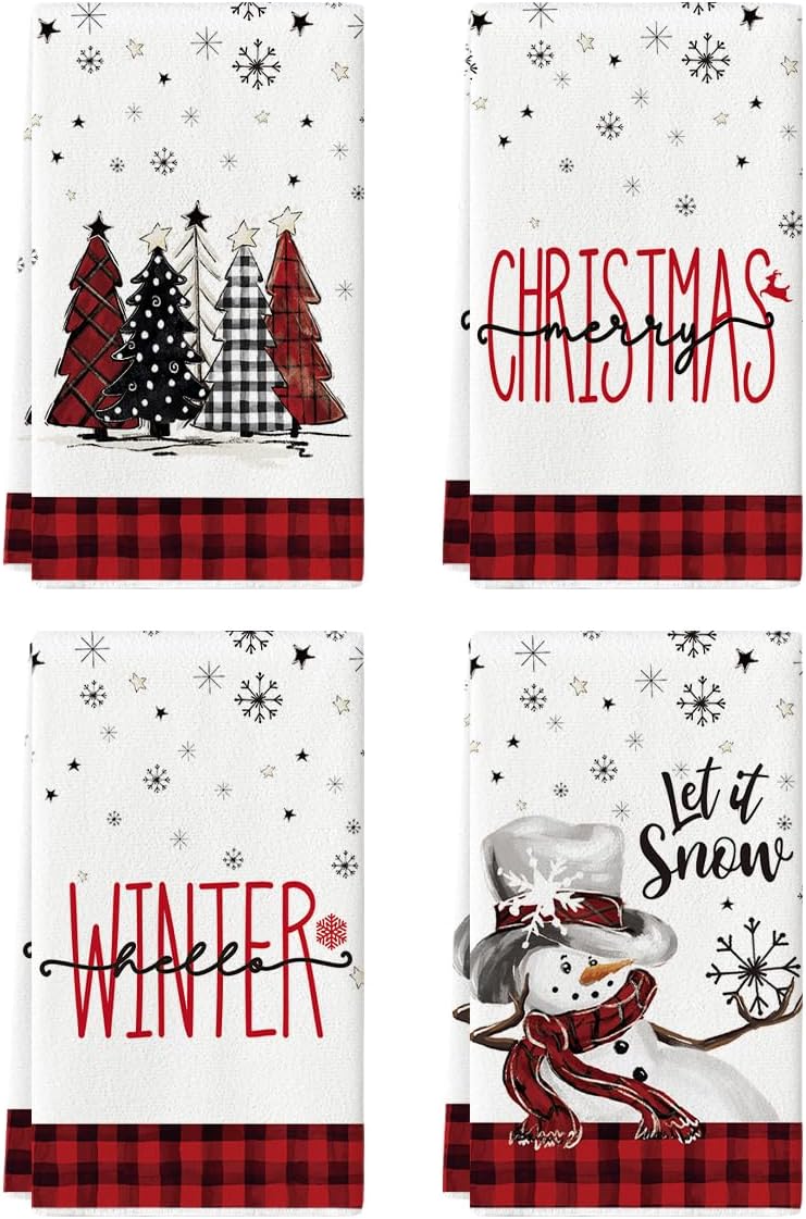 Artoid Mode Red Black Snowman Christmas Kitchen Towels Set of 4 18x26 Inch