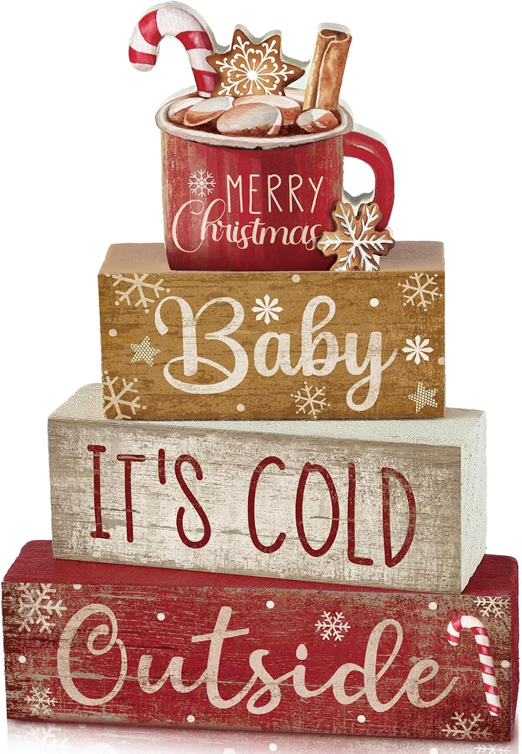 Moucuny 4 Pcs Christmas Table Decorations Indoor, Hot Cocoa Wood Block Sign