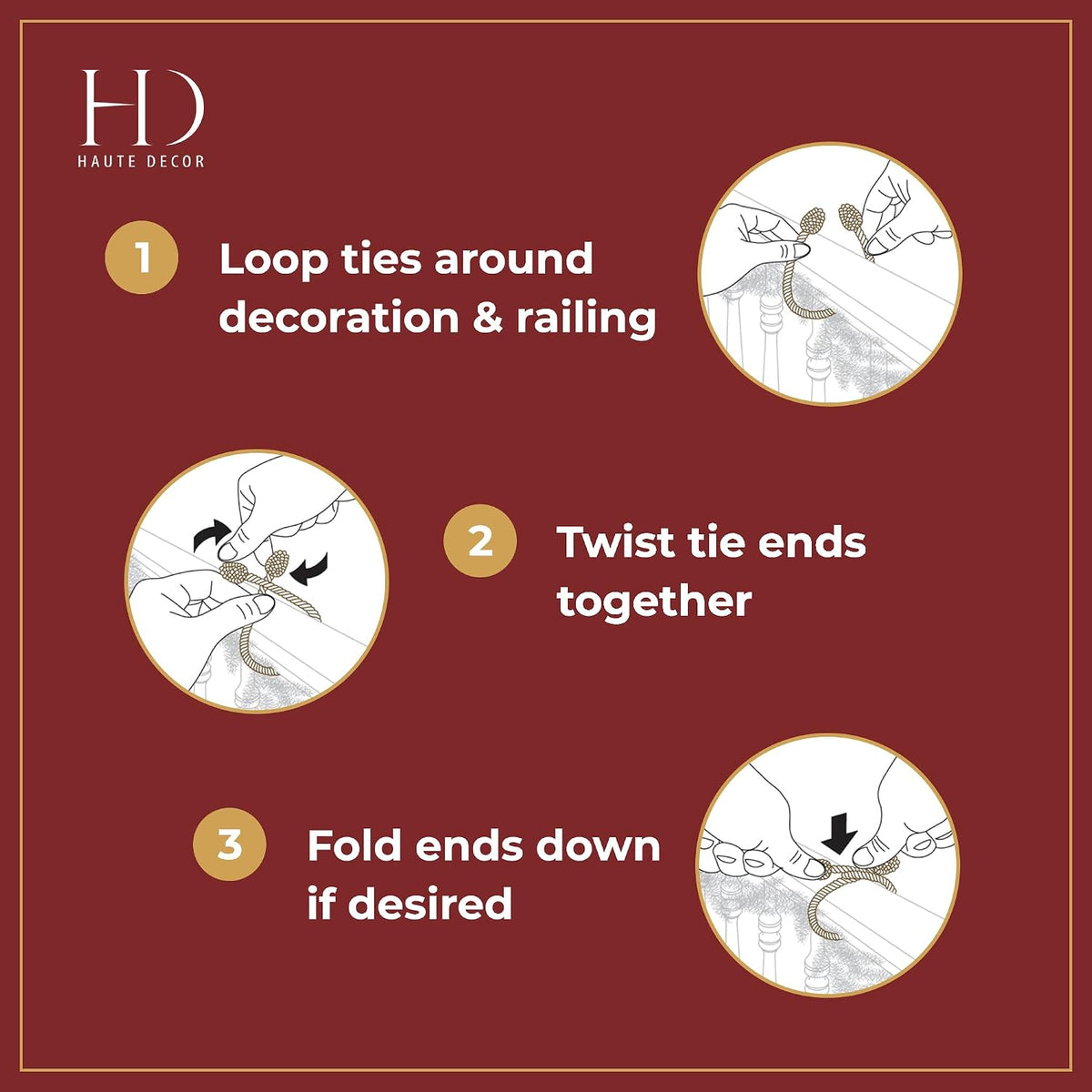 Haute Decor Decorative Twist Ties 6 Pack 16 inches (Gold & Silver) - Hang Garland, Lights, Decorations from Bannister or Railings for Christmas Holidays or Use Year-Round