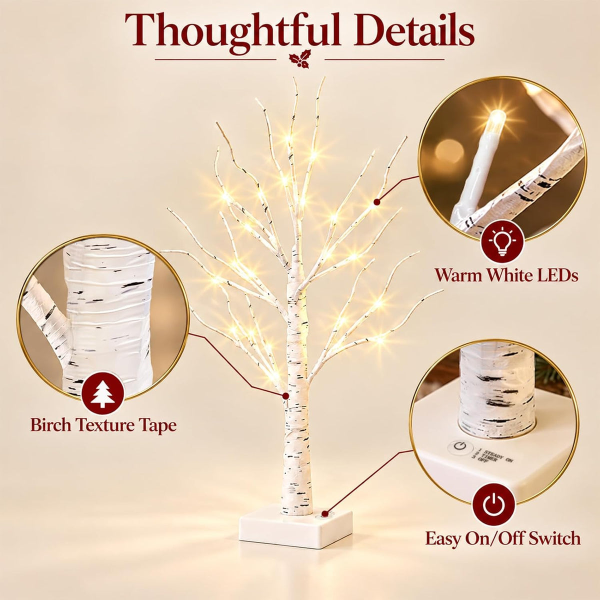 EAMBRITE Christmas Decorations Indoor Lighted Birch Tree Home Decor, 2Pack 24 LED Light Up Tabletop Mini Small Artificial White Trees Lamp with Lights Battery Operated/USB for Table Mantel (2FT)