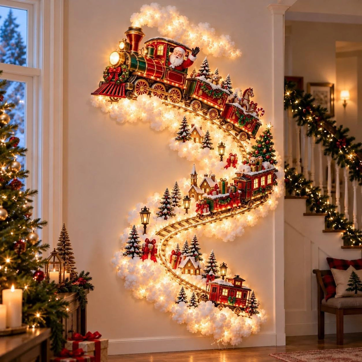 Christmas Magic Trail Wall Light -3D LED Glowing Christmas Scene Wall Decoration, Santa Sleigh Reindeer Hanging Decoration Indoor Holiday Decor for Living Room, Festive Xmas Giftï¼ŒTrain