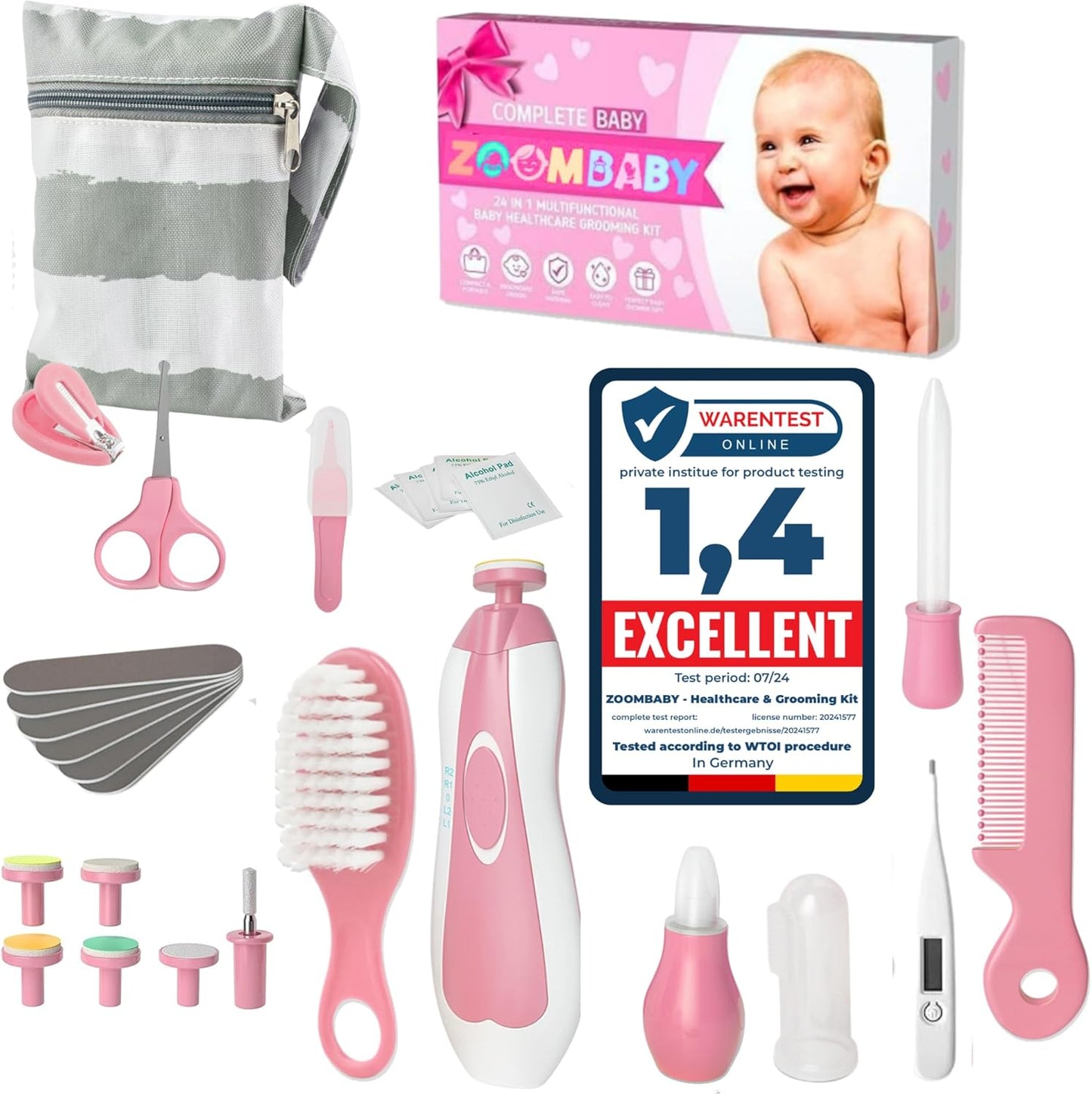 24-in-1 Baby Health Care & Grooming Kit Newborn Essentials with Electric Nail Trimmer, Nasal Aspirator & Grooming Tools (Pink)
