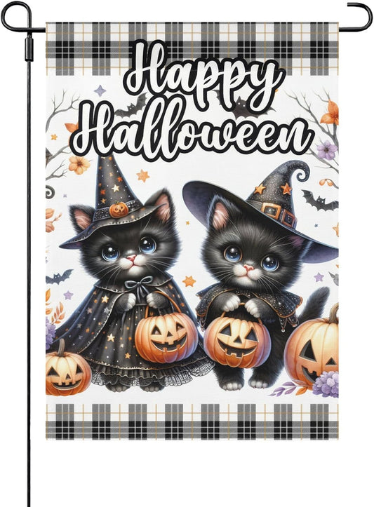 Happy Halloween Cat & Pumpkin Garden Flag Double-Sided Yard Décor (12×18 in) | USA Decoration®