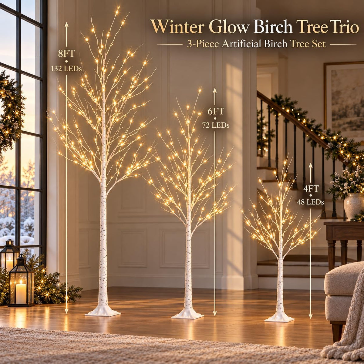 Lighted Birch Trees Set of 3, 8FT 6FT 4FT, 252 LEDs, Timer, Dimmable