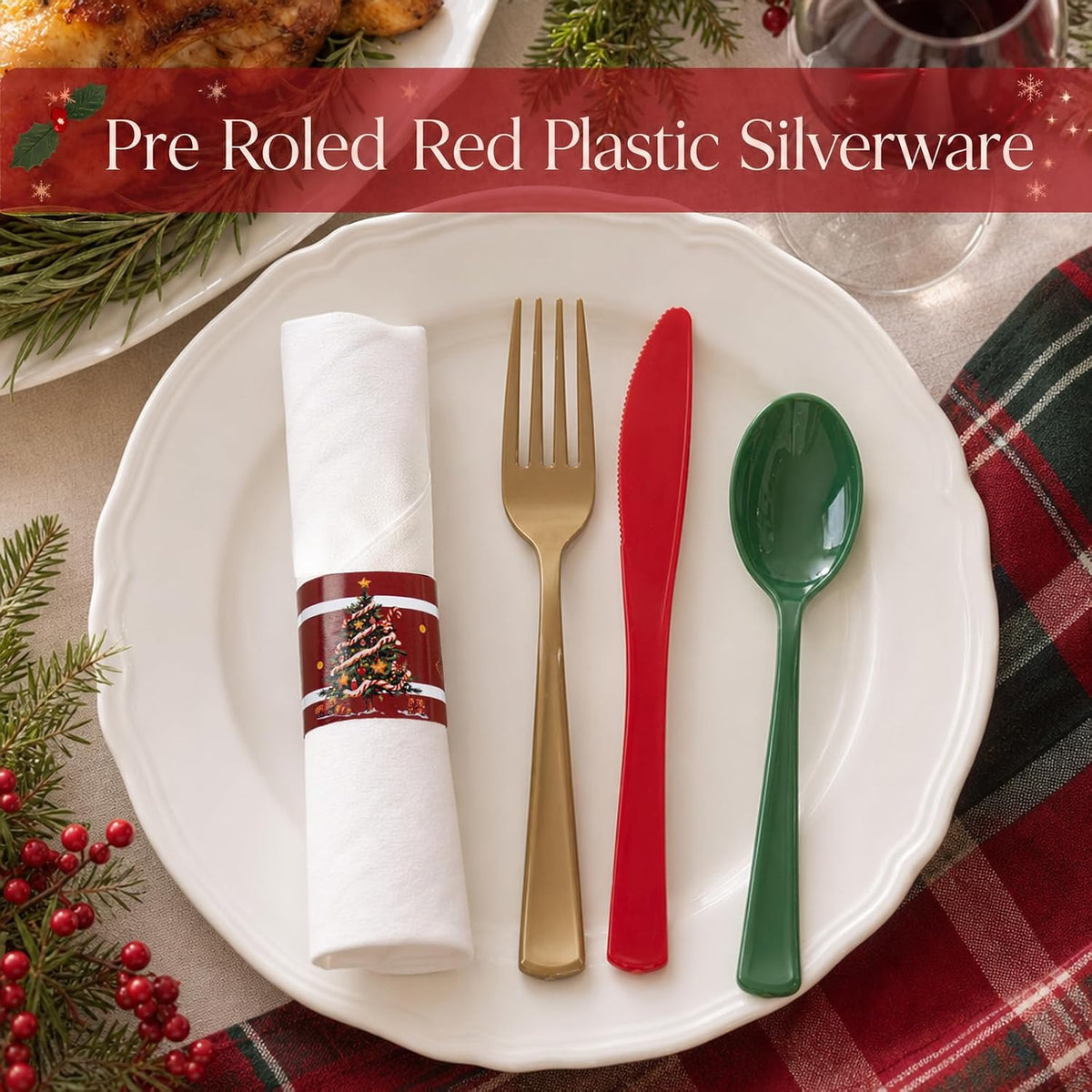 Liacere 100Pack Pre Rolled Silverware and Napkin - Wrapped Plastic Cutlery Set with Napkin:100 Gold Forks,100 Red Knives,100 Green Spoons,100 Napkins for Christmas