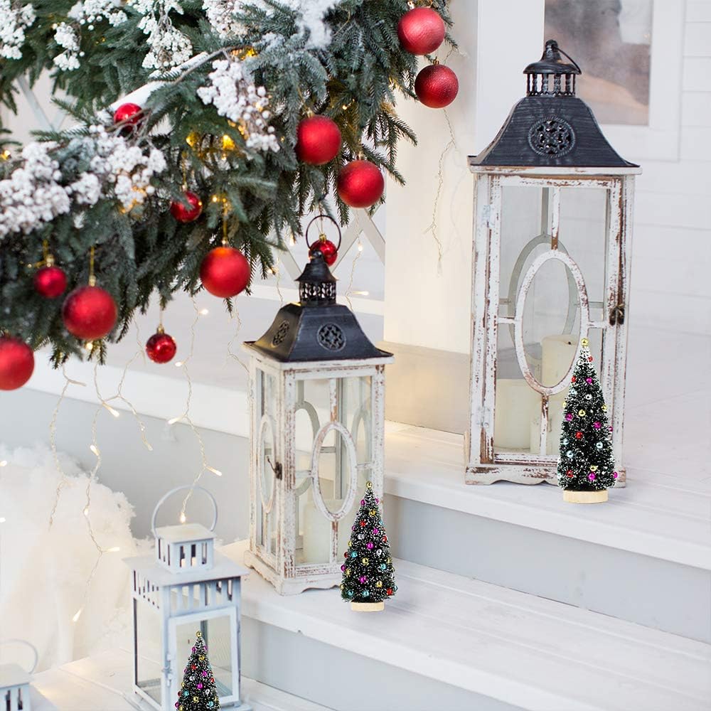 Winlyn 3 Pack Artificial Mini Tabletop Christmas Trees Tiny Frosted Bottle Brush Trees Decorated Small Sisal Trees with White Snow and Colorful Beads Winter Holiday Miniature DÃ©cor Assorted Sizes