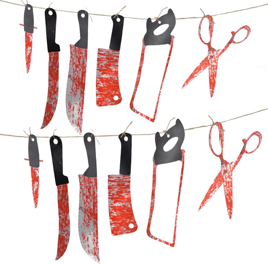 12-Piece Bloody Knife Garland Halloween Hanging Banner Prop with Fake Knives & Blood | USA Decoration®