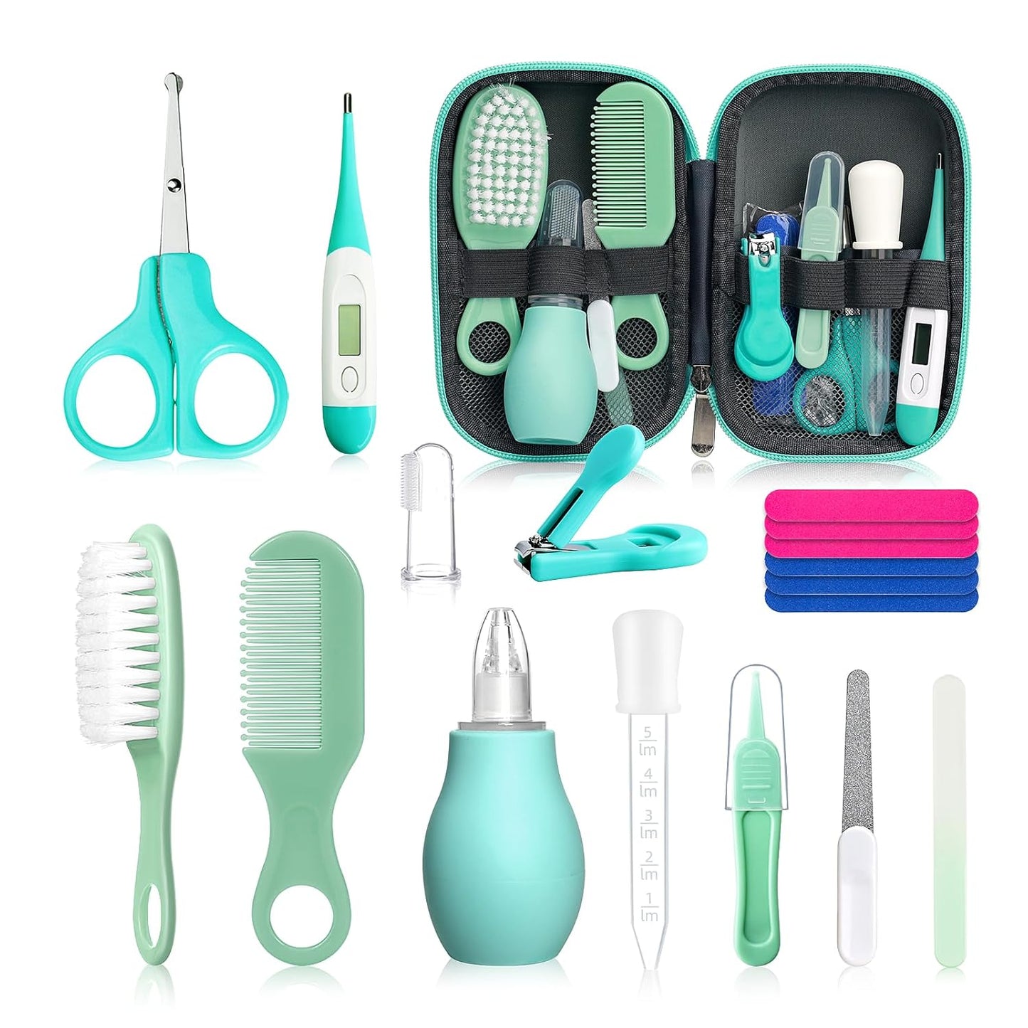 Baby Grooming Kit 18-in-1 Newborn Safety Nursery Care Set for Boys & Girls with Nail Clippers, Hair Brush & Thermometer (Green)