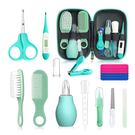 Baby Grooming Kit 18-in-1 Newborn Safety Nursery Care Set for Boys & Girls with Nail Clippers, Hair Brush & Thermometer (Green)