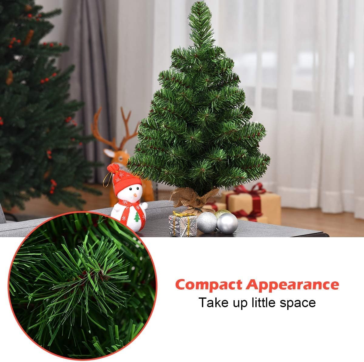 2FT Artificial Tabletop Christmas Tree, Premium Spruce Christmas Tree with Burlap Base, Suitable for Kitchen, Table and Office, Green (2FT)