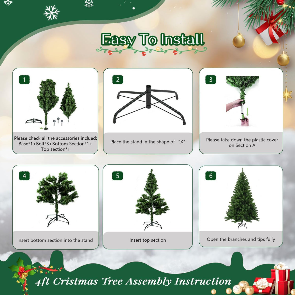 4ft Green Artificial Christmas Tree,Arbol de Navidad Small Fake Xmas Tree