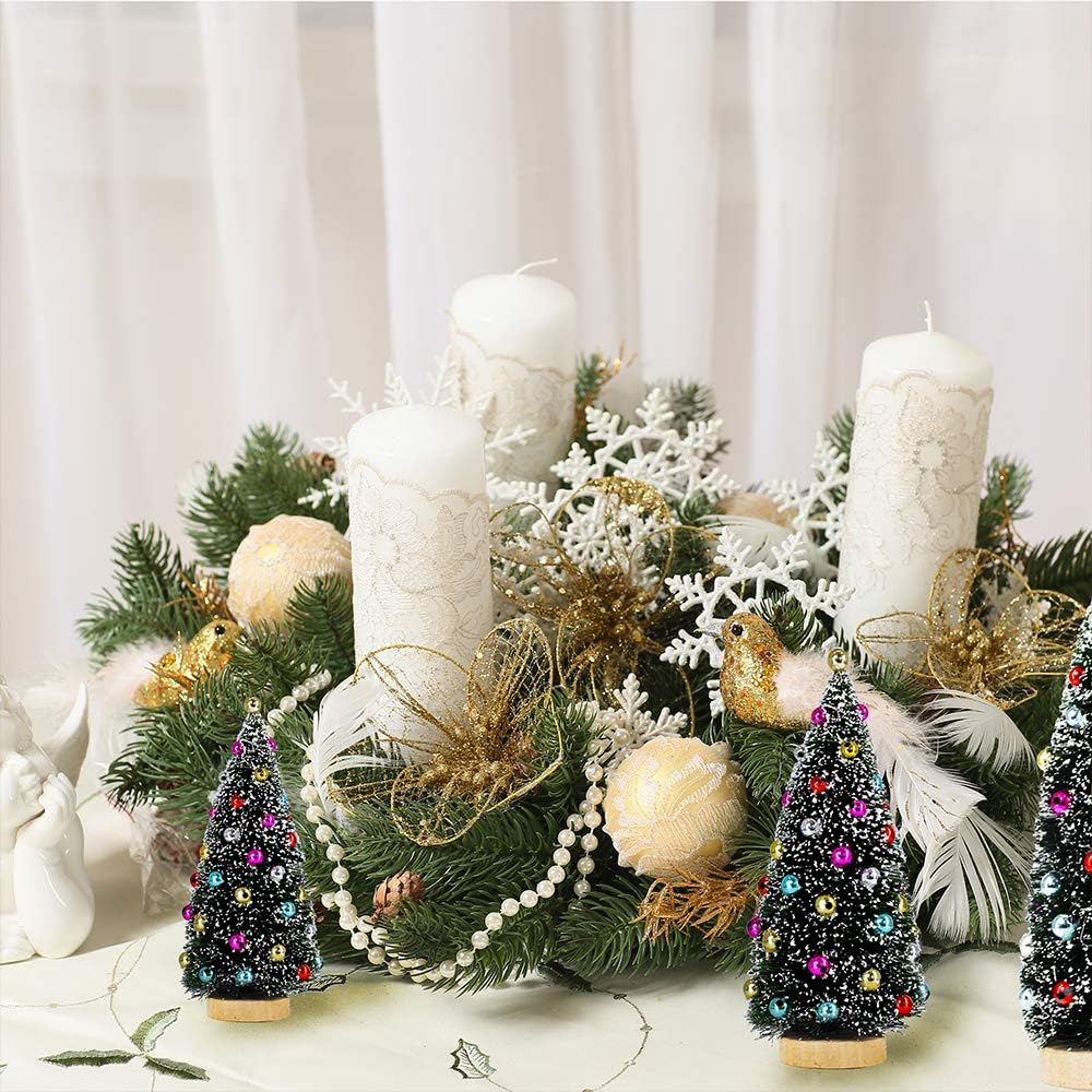 Winlyn 3 Pack Artificial Mini Tabletop Christmas Trees Tiny Frosted Bottle Brush Trees Decorated Small Sisal Trees with White Snow and Colorful Beads Winter Holiday Miniature DÃ©cor Assorted Sizes