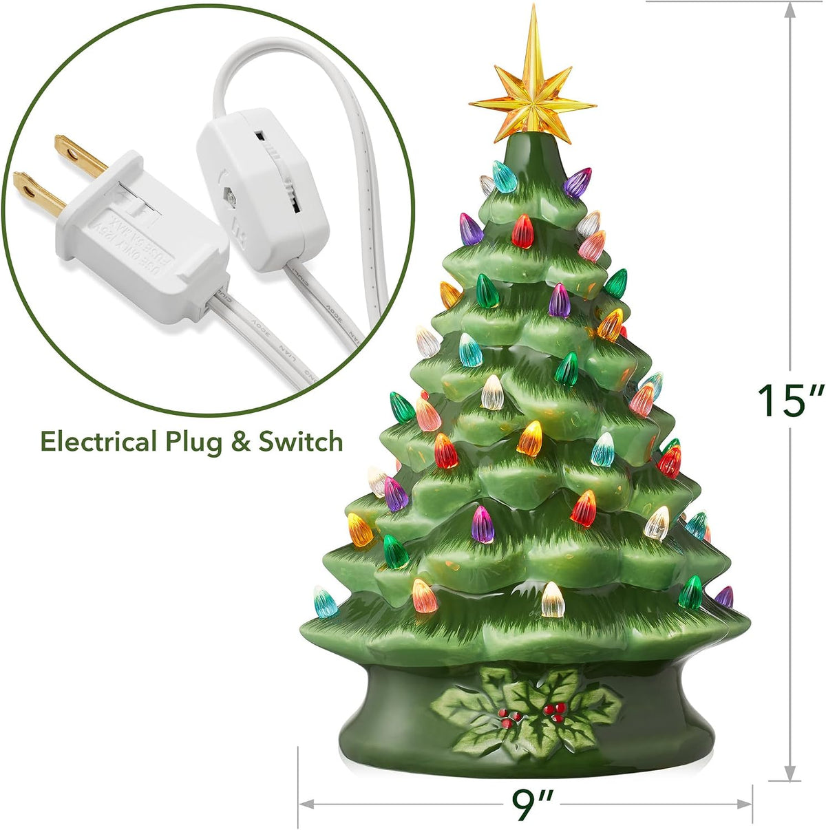 Casafield Hand Painted Ceramic Christmas Tree, Green 15-Inch Pre-Lit Tree with 128 Multi Color Lights and 2 Star Toppers