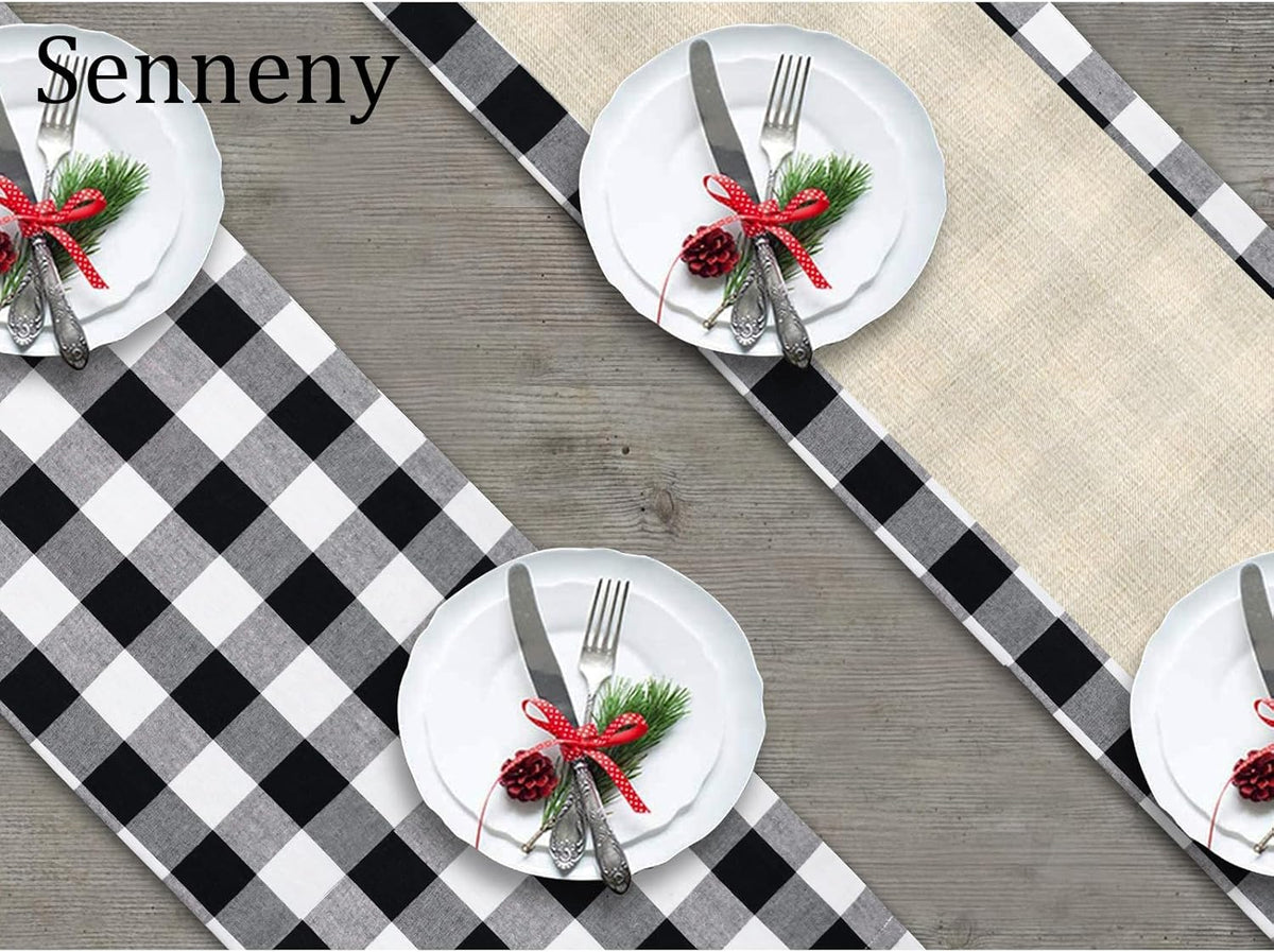 Senneny Buffalo Plaid Table Runner, Reversible Burlap & Cotton Table Runner, Farmhouse Buffalo Check Runner for Christmas Holiday Birthday Party Table Home Decoration