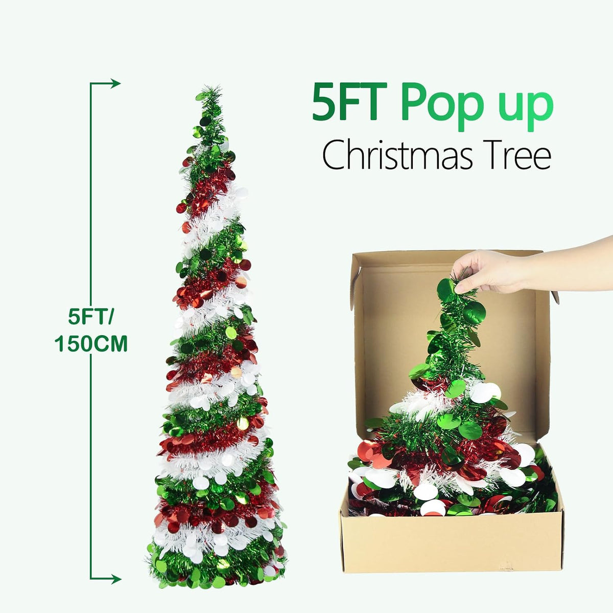 Collapsible Tinsel Christmas Tree, 5FT Red Green White Sequin Pop-Up Pencil Tree, Easy Assembly with Stand, Slim Artificial Xmas Decor for Indoor