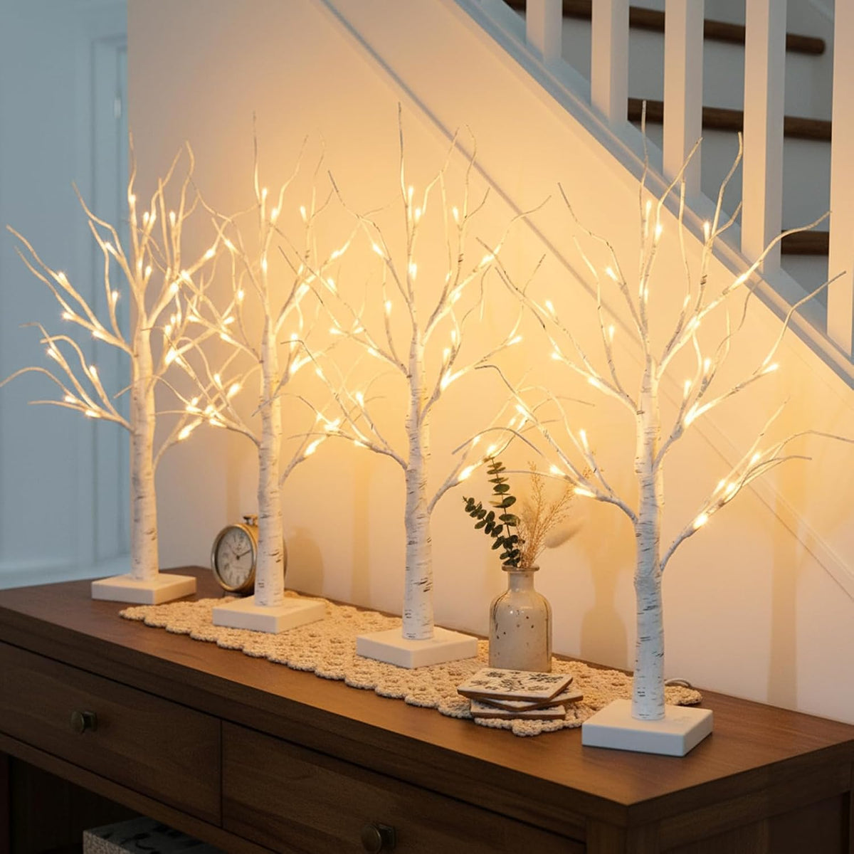 PEIDUO Christmas Decorations for The Home, 2FT BirchTree with LED Lights, Warm White Tree Lamp, Fairy Light Spirit Tree for Room Inside Fireplace Home Decor, Battery Powered, Timer (4PK)