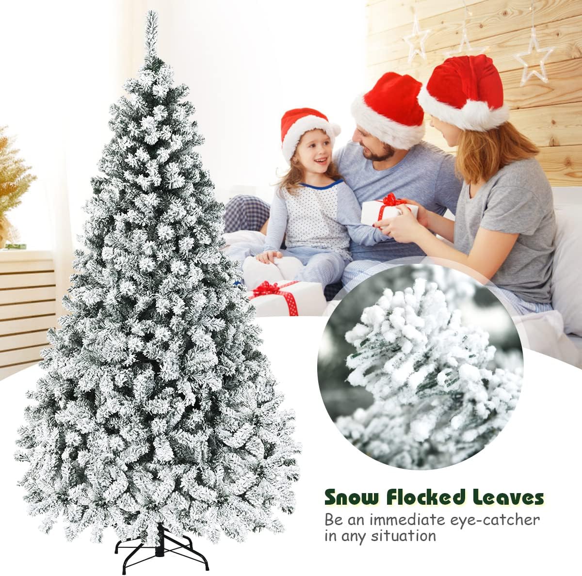 Nightcore 7.5FT Pre-Lit Artificial Christmas Tree, Snow Flocked Hinged Pine Tree w/with 1010 Branches Tips and 450 Warm LED Lights, Perfect Xmas Decoration for Indoor & Outdoor Home Office Party