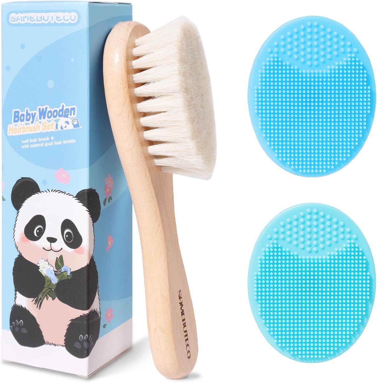 3 Pack Baby Hair Brush and Cradle Cap Brush Set Goat Hair Bristles with Wood Handle