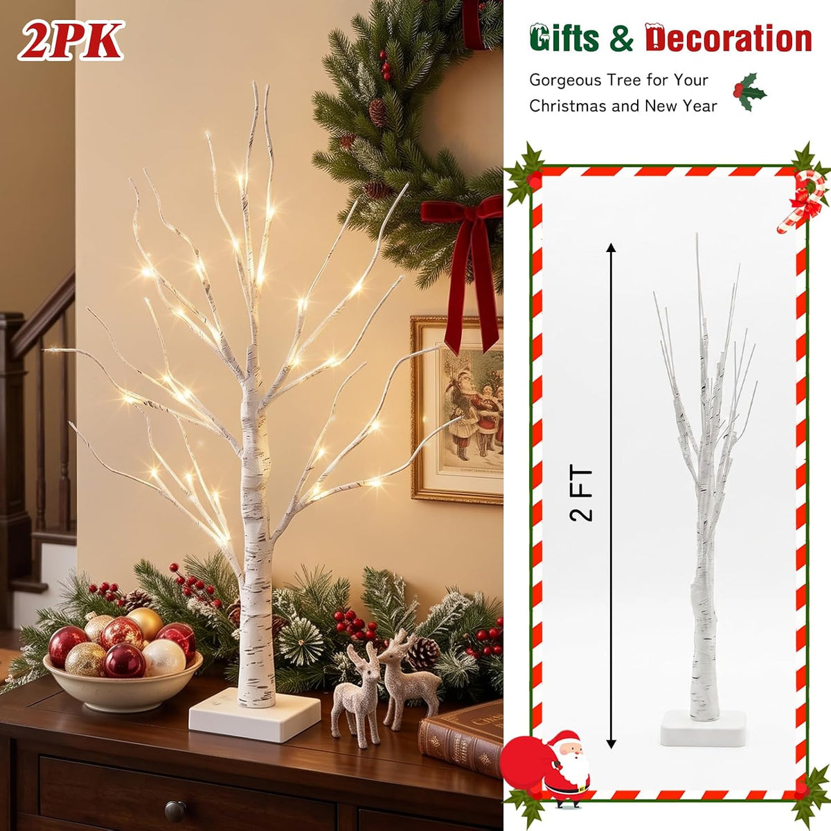 PEIDUO Christmas Decorations for The Home, 2FT BirchTree with LED Lights, Warm White Tree Lamp, Fairy Light Spirit Tree for Room Inside Fireplace Home Decor, Battery Powered, Timer (4PK)