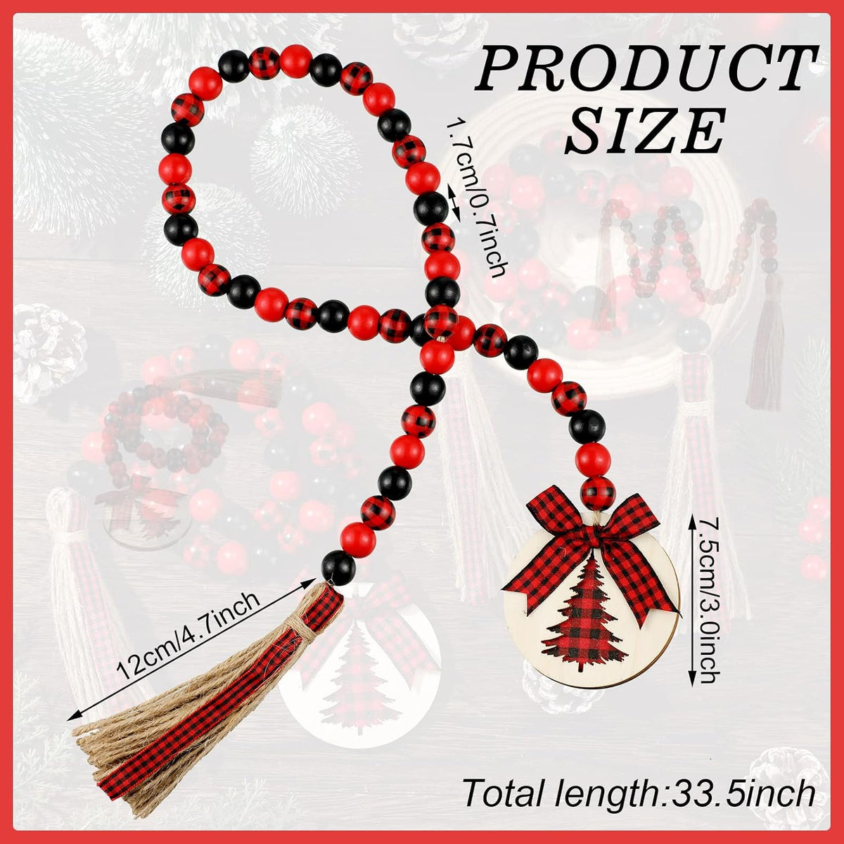 Jetec 2 Pcs Wood Bead Garland Buffalo Plaid with Tassels,Black and Red