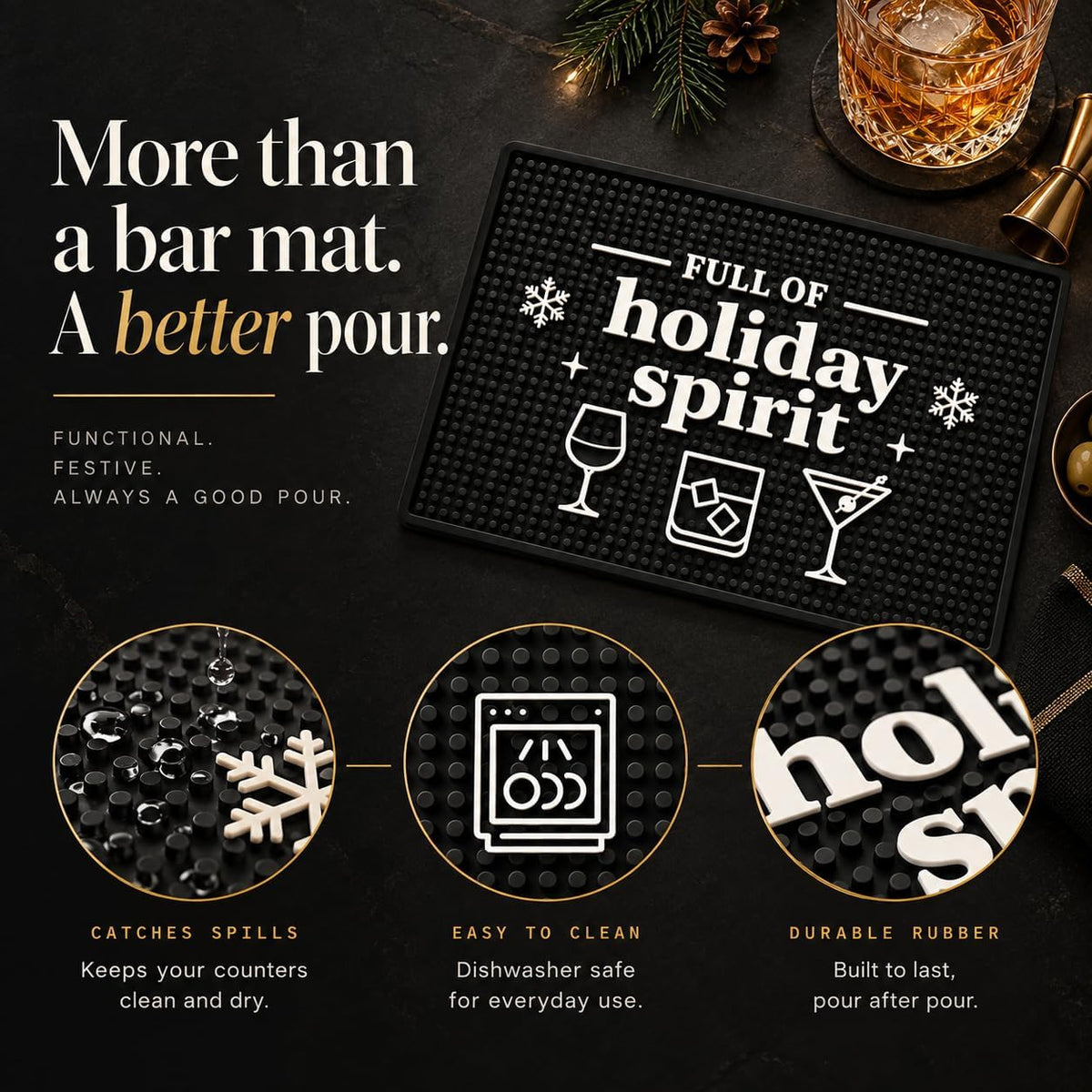 Christmas Bar Mat, Full of Holiday Spirit Bar Cart Decor, 18 x 12 in Rubber