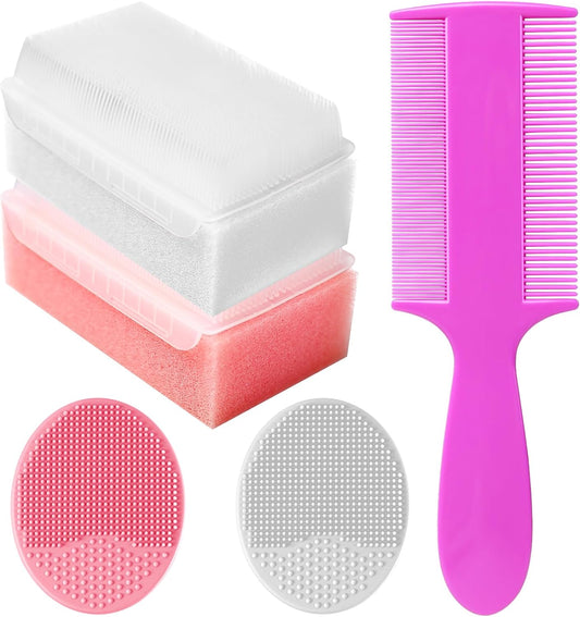 5 Piece Cradle Cap Brush Set with Bath Sponge and Comb for Newborns Pink
