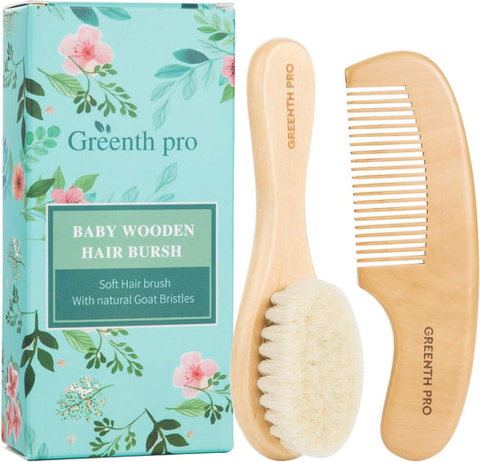 Nature Lotus Wood Baby Hair Brush Comb Set with Soft Goat Bristles for Newborns