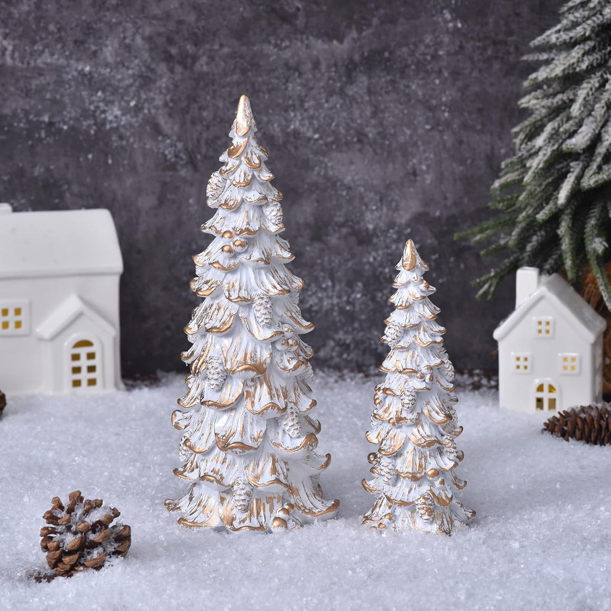 Resin Christmas Tree Figurines, 2pcs White & Gold Tabletop Christmas Trees with Pine Cones & Ornaments, Rustic Xmas Decorations for Home, Table Centerpieces, Mantel Shelf Display (white-gold)