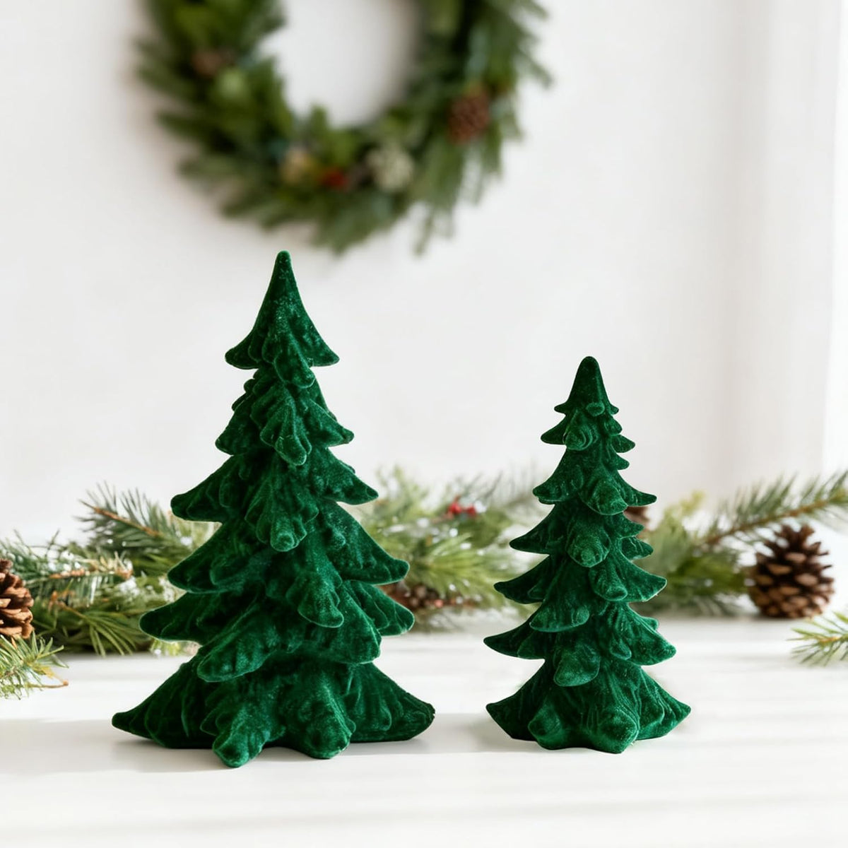 DN DECONATION Flocked Christmas Tree Figurines, Green Velvet Xmas Trees