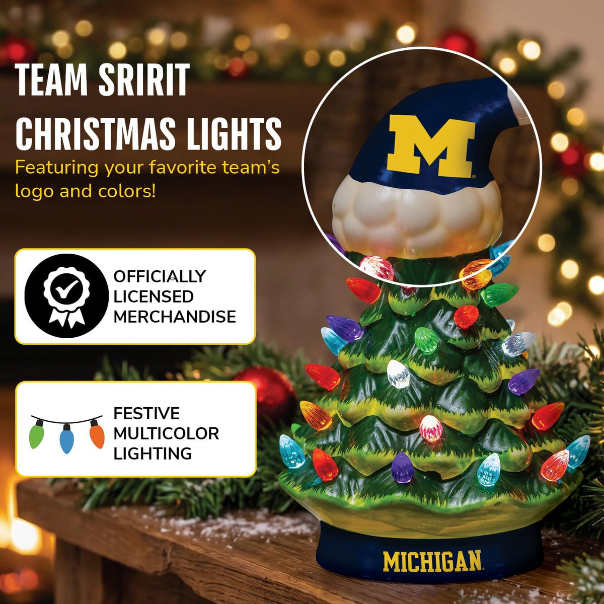 NCAA University of Michigan Ceramic Christmas Trees That Light Up | 8" LED Vintage Christmas Tree | Officially Licensed Team Logo | Christmas Tabletop Decorations for Home