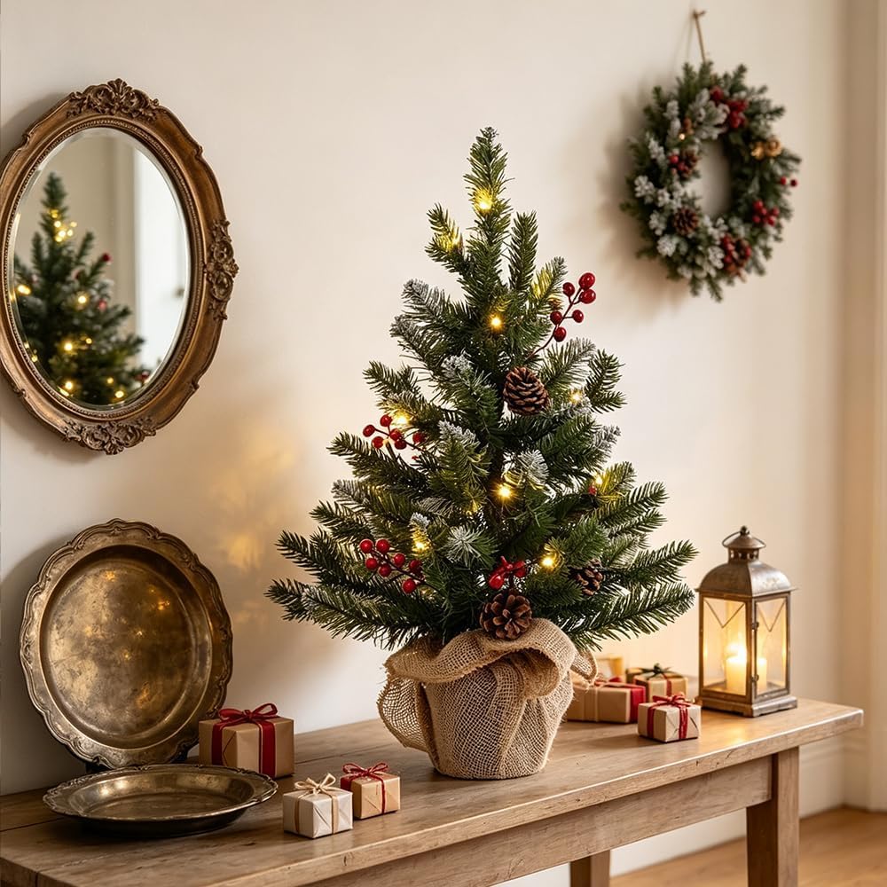 MEETYAMOR 2 FT Mini Christmas Tree, 24" PE Prelit Small Artificial Tabletop Snow Flocked Christmas Trees Decor with 20 Lights Timer, Outdoor Indoor Porch Table Centerpieces Xmas Christmas Decorations