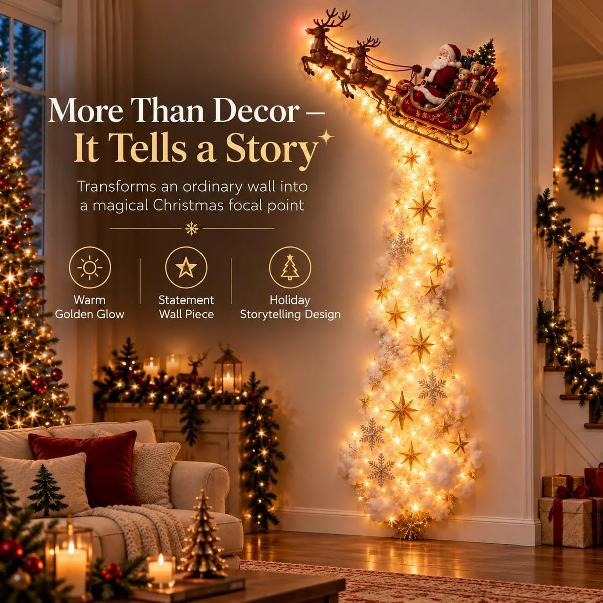 Christmas Magic Trail Wall Light -3D LED Glowing Christmas Scene Wall Decoration, Santa Sleigh Reindeer Hanging Decoration Indoor Holiday Decor for Living Room, Festive Xmas Giftï¼ŒTrain