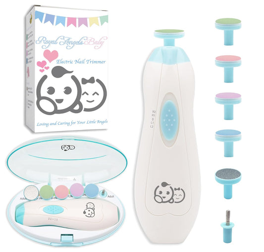 Royal Angels 6-in-1 Baby Nail Trimmer Kit (Baby Blue) Electric File with LED, Usage-Labeled Case & Accessories