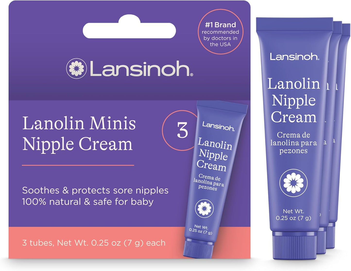 Lanolin Nipple Cream for Breastfeeding, Safe for Baby, 3 Mini Tubes (0.25 oz Each), Breastfeeding Essentials