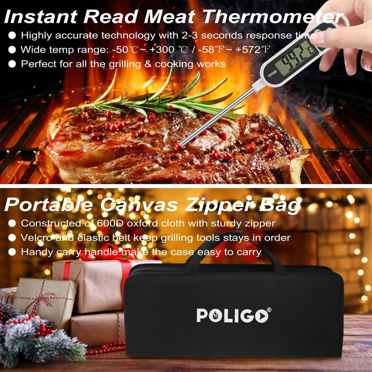 POLIGO 29 PCS BBQ Grill Accessories for Outdoor Grill Set Stainless Steel BBQ Tools Set with Storage Bag for Christmas Dads Birthday Presents - Camping Grill Utensils Set Grilling Gifts for Men Brown