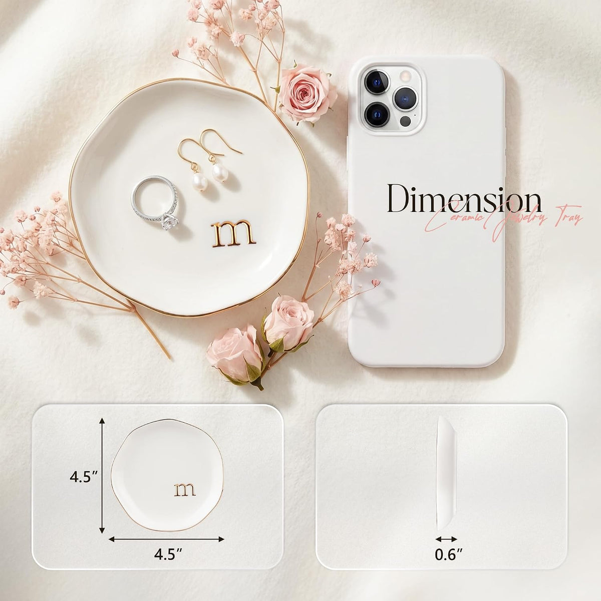 Ceramic Jewelry Tray, White Initial M Personalized Jewelry Dish
