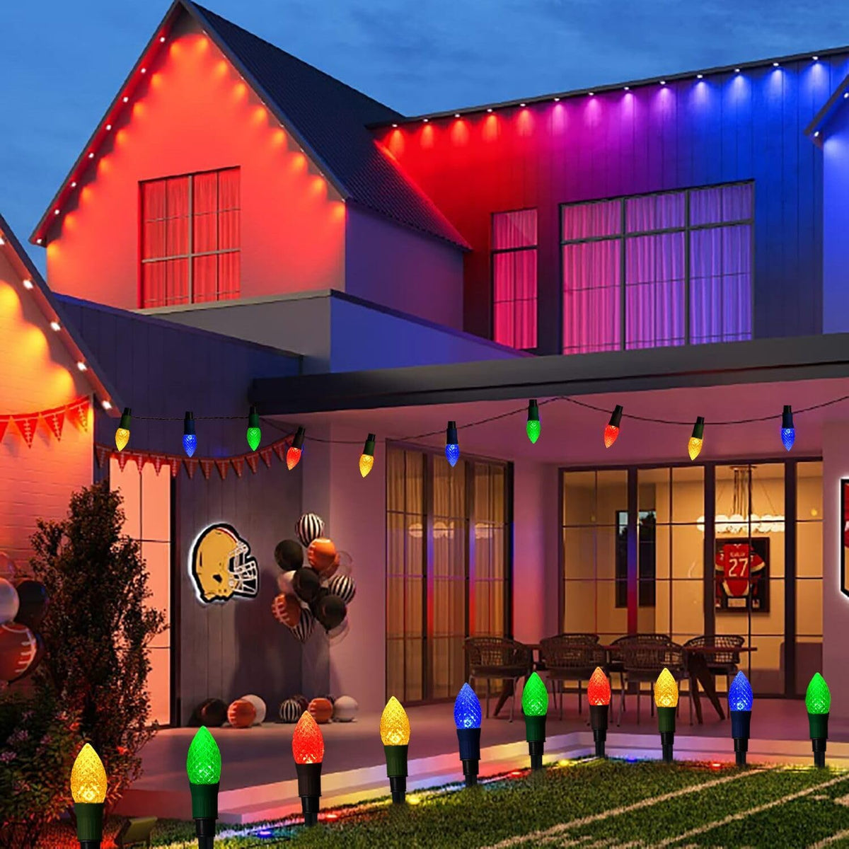 Solar Christmas Pathway Lights, 20 LED C9 String Lights with 20 Stakes, 23FT Solar Powered Multicolored Decorations for Roof, Yard, Patio, Walkway, Driveway