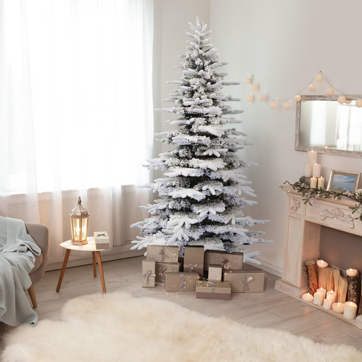 Fraser Hill Farm 9-Ft. Pine Valley Flocked Christmas Tree, Snowy Xmas Tree with DIY Potential with No Attached Lights, Artificial Christmas Tree with Metal Base, Easy to Set up