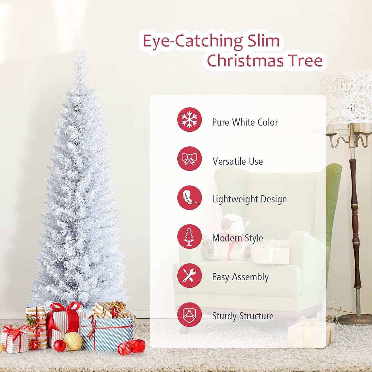 5FT White Pencil Christmas Tree, Artificial Christmas Tree w/Premium PVC Needles, Pine Tree w/Solid Metal Stand, Ideal for Home, Office, Shops, Holiday Decoration