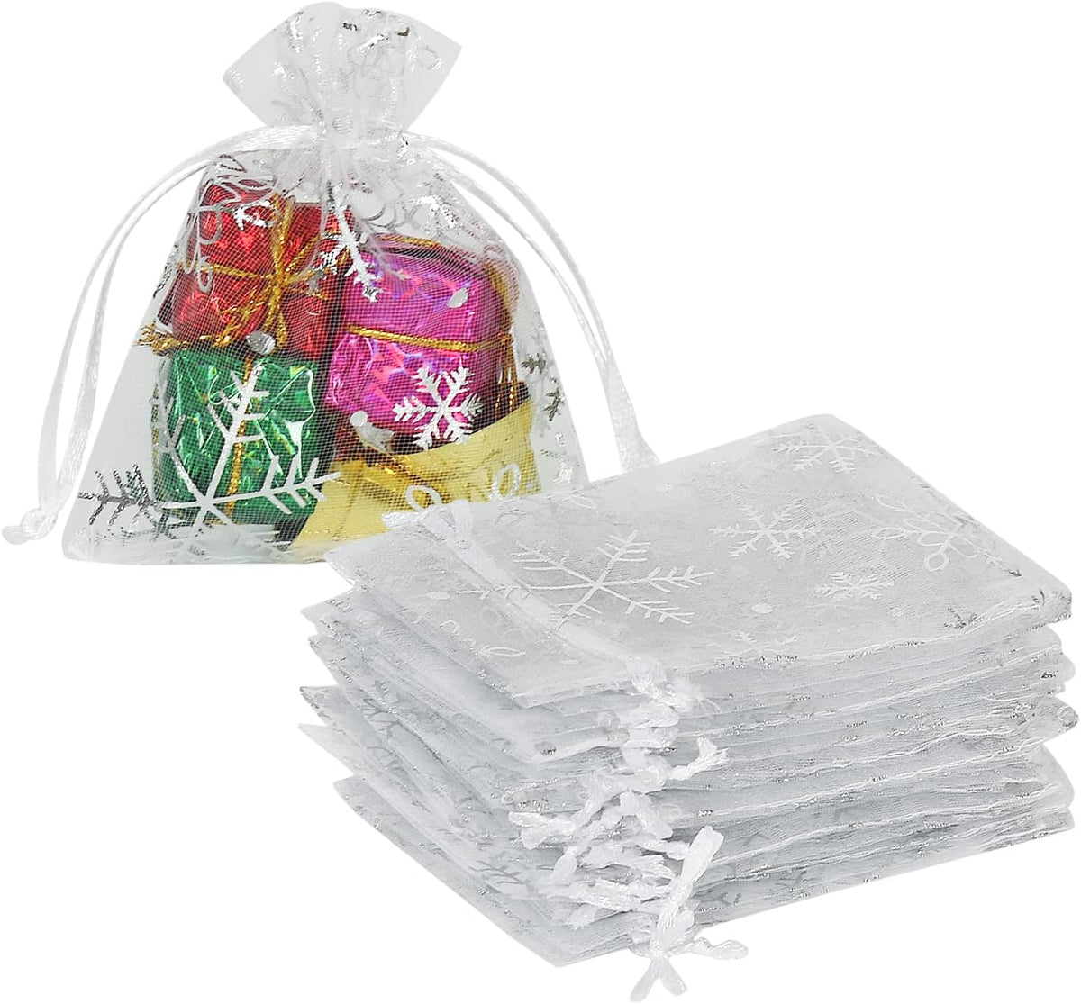 HRX Package 100pcs Snowflake Organza Gift Bags Christmas 3x4 inch, Small White Mesh Jewelry Pouches Little Drawstring Candy Bags