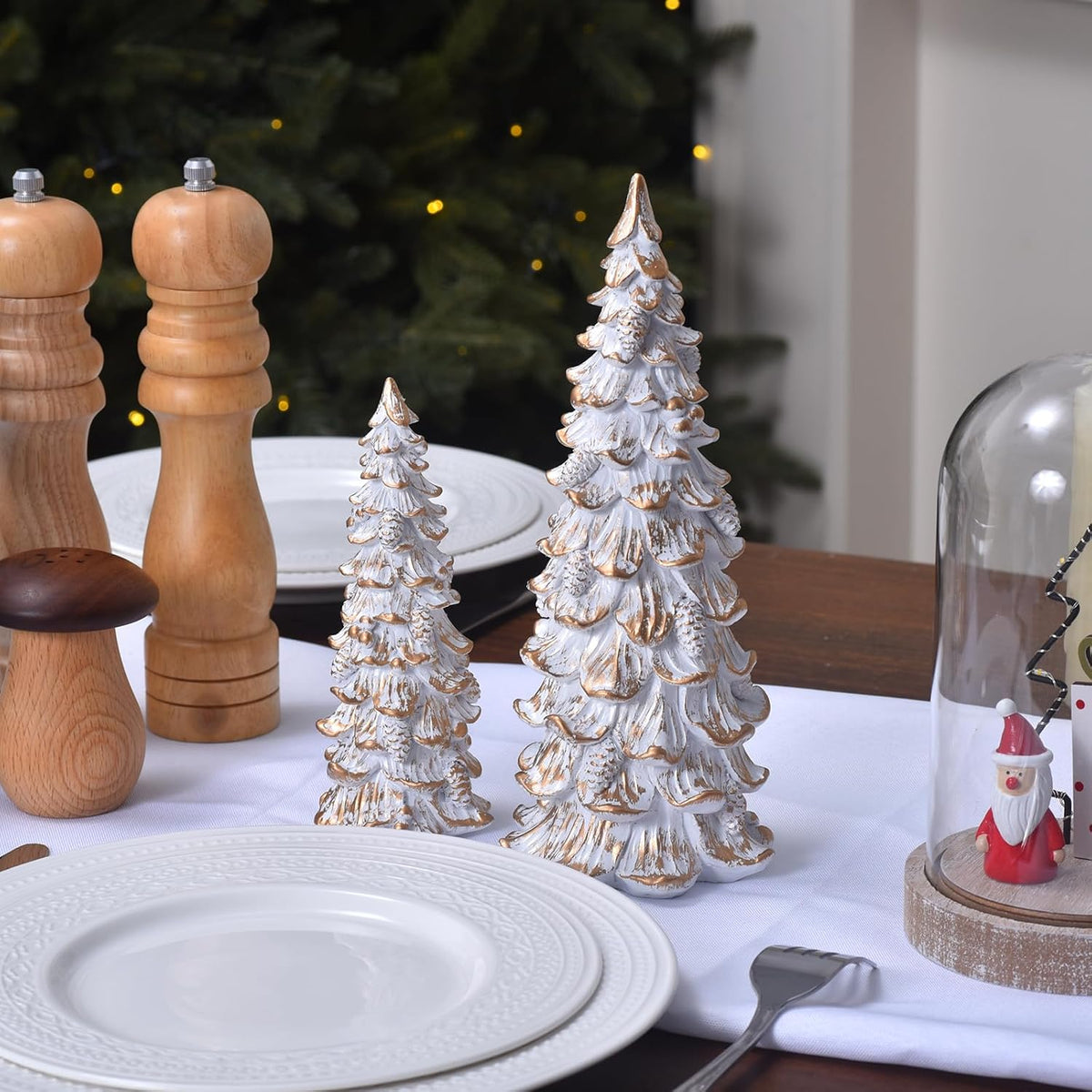 Resin Christmas Tree Figurines, 2pcs White & Gold Tabletop Christmas Trees with Pine Cones & Ornaments, Rustic Xmas Decorations for Home, Table Centerpieces, Mantel Shelf Display (white-gold)